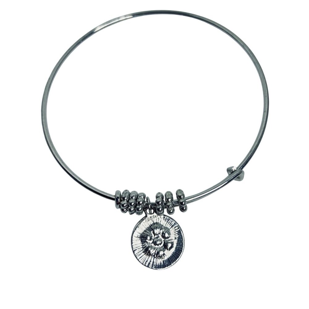 Silver Tone Bangle Bracelet With Round Rhinestone Charm (5800) - Picture 2 of 4